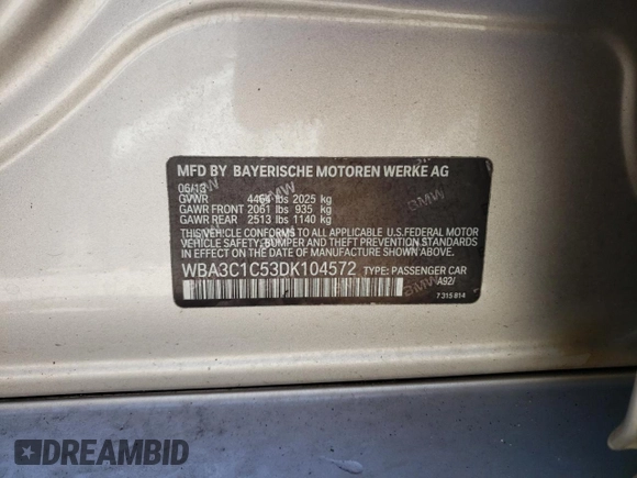 2013 BMW 3 Series 328i with VIN WBA3C1C53DK104572, listed as a Copart auction lot 43757045 with 144,207 mi miles and Salvage Title. Bid and sale history available at carsss.com. Image 12.