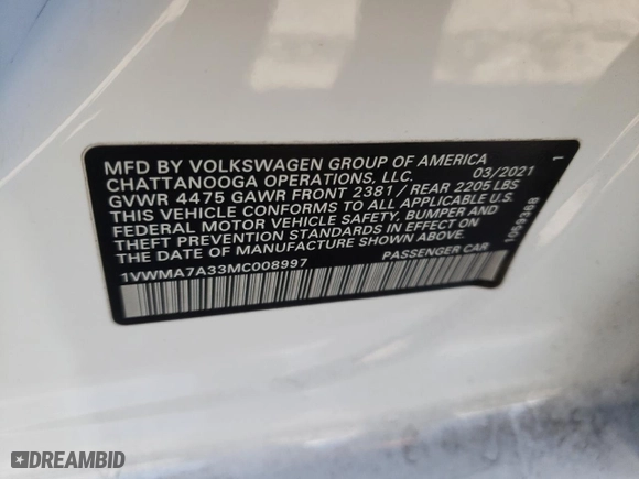 2021 Volkswagen Passat 2.0T R-Line with VIN 1VWMA7A33MC008997, listed as a Copart auction lot 68920334 with 71,312 mi miles and Salvage Title. Bid and sale history available at carsss.com. Image 12.