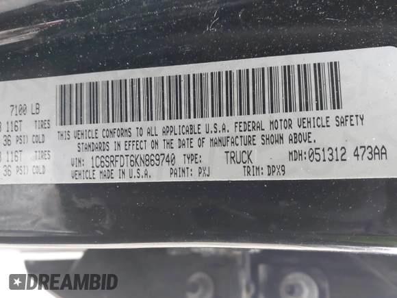 2019 Ram 1500 Laramie with VIN 1C6SRFDT6KN869740, listed as a IAAI auction lot 41563751 with 132,611 mi miles. Bid and sale history available at carsss.com. Image 9.