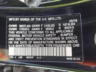2018 Honda Civic EX with VIN SHHFK7H59JU420774, listed as a IAAI auction lot 42105447 with 48,629 mi miles and . Bid and sale history available at DreamBid. Image 9.