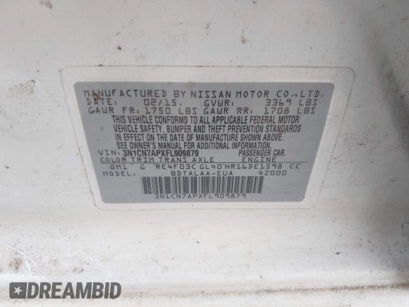 2015 Nissan Versa S Plus with VIN 3N1CN7APXFL909879, listed as a IAAI auction lot 41422194 with 125,242 mi miles and . Bid and sale history available at DreamBid. Image 9.