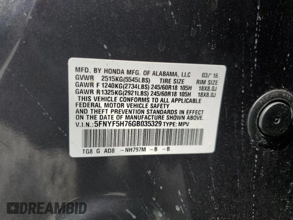 2016 Honda Pilot EX-L with VIN 5FNYF5H76GB035329, listed as a Copart auction lot 51865625 with 126,750 mi miles and Salvage Title. Bid and sale history available at DreamBid. Image 13.