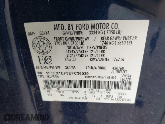 2014 Ford F-150 XL with VIN 1FTFX1EF3EFC36039, listed as a IAAI auction lot 42555459 with Not provided miles and . Bid and sale history available at DreamBid. Image 9.