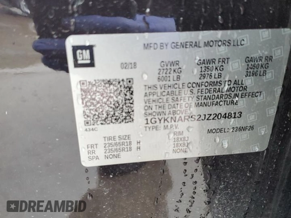 2018 Cadillac XT5 FWD with VIN 1GYKNARS2JZ204813, listed as a Copart auction lot 41646265 with 62,199 mi miles and Salvage Title. Bid and sale history available at carsss.com. Image 12.