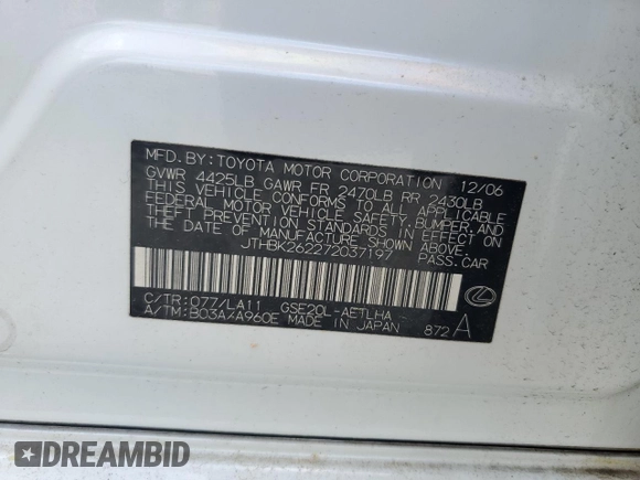 2007 Lexus IS 250 z VIN JTHBK262272037197, wystawiony jako Copart lot #56546425 z przebiegiem 70 806 mil mil oraz Szkoda całkowita • Salvage title. Historia ofert i sprzedaży dostępna na DreamBid. Obrazek 12.