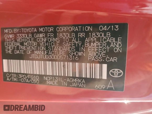 2013 Toyota Yaris L with VIN JTDJTUD30DD571316, listed as a Copart auction lot 77884944 with 243,010 mi miles and Salvage Title. Bid and sale history available at carsss.com. Image 12.