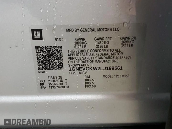 2020 Chevrolet Traverse LT Cloth with VIN 1GNEVGKW2LJ199561, listed as a Copart auction lot 66711394 with 0 mi miles and Salvage Title. Bid and sale history available at carsss.com. Image 13.