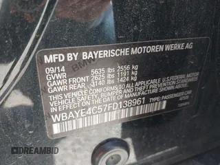2015 BMW 7 Series 740Li with VIN WBAYE4C57FD138961, listed as a IAAI auction lot 42216122 with 224,740 mi miles and . Bid and sale history available at carsss.com. Image 9.
