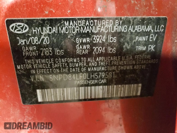2020 Hyundai Elantra SEL with VIN 5NPD84LF0LH579581, listed as a Copart auction lot 44112924 with Not provided miles and Salvage title. Bid and sale history available at DreamBid. Image 12.