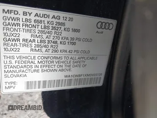 2021 Audi SQ8 Prestige z VIN WA1CWBF1XMD022720, wystawiony jako IAAI lot #41316629 z przebiegiem Nie podano mil oraz . Historia ofert i sprzedaży dostępna na DreamBid. Obrazek 9.