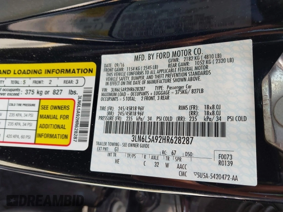 2017 Lincoln MKZ Premiere z VIN 3LN6L5A92HR628287, wystawiony jako IAAI lot #42474344 z przebiegiem 70 010 mil mil oraz . Historia ofert i sprzedaży dostępna na DreamBid. Obrazek 9.