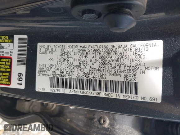2012 Toyota Tacoma with VIN 3TMMU4FN2CM046155, listed as a IAAI auction lot 42190318 with 224,991 mi miles and . Bid and sale history available at DreamBid. Image 9.