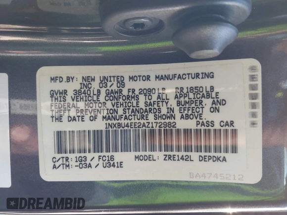 2010 Toyota Corolla with VIN 1NXBU4EE2AZ172982, listed as a IAAI auction lot 41607447 with 122,196 mi miles and . Bid and sale history available at DreamBid. Image 9.
