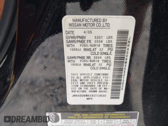 2005 Infiniti FX z VIN JNRAS08WX5X213835, wystawiony jako IAAI lot #42388976 z przebiegiem 315 908 mil mil oraz . Historia ofert i sprzedaży dostępna na DreamBid. Obrazek 9.
