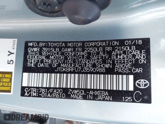 2018 Toyota Prius Two with VIN JTDKBRFU7J3590988, listed as a IAAI auction lot 41876636 with 72,851 mi miles. Bid and sale history available at carsss.com. Image 9.