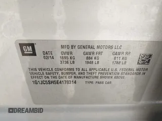 2014 Chevrolet Sonic LT with VIN 1G1JC5SH5E4178314, listed as a IAAI auction lot 41657818 with 139,959 mi miles and . Bid and sale history available at DreamBid. Image 9.
