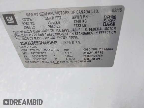 2015 Chevrolet Equinox LT with VIN 2GNALBEK9F6301648, listed as a IAAI auction lot 41205404 with 117,490 mi miles. Bid and sale history available at carsss.com. Image 9.