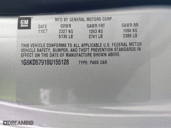 2008 Cadillac DTS w/1SE with VIN 1G6KD57918U155128, listed as a IAAI auction lot 41477233 with 123,479 mi miles. Bid and sale history available at carsss.com. Image 9.