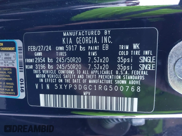 2024 Kia Telluride EX X-Line with VIN 5XYP3DGC1RG500768, listed as a IAAI auction lot 41587785 with 11,797 mi miles and . Bid and sale history available at DreamBid. Image 9.