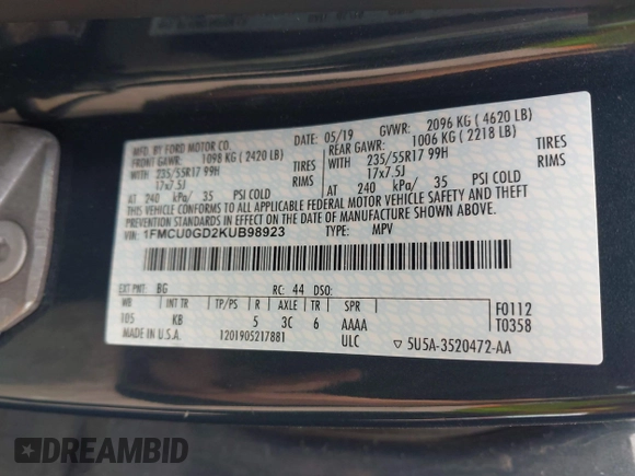 2019 Ford Escape SE z VIN 1FMCU0GD2KUB98923, wystawiony jako IAAI lot #42245972 z przebiegiem 91 193 mil mil oraz . Historia ofert i sprzedaży dostępna na DreamBid. Obrazek 9.