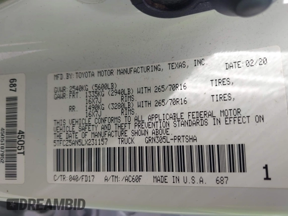 2020 Toyota Tacoma SR5 z VIN 5TFCZ5AN5LX231157, wystawiony jako IAAI lot #42045534 z przebiegiem 84 099 mil mil oraz . Historia ofert i sprzedaży dostępna na DreamBid. Obrazek 9.
