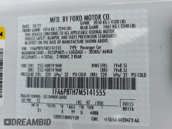 2021 Ford Mustang EcoBoost z VIN 1FA6P8TH7M5141555, wystawiony jako Copart lot #54016865 z przebiegiem 21 548 mil mil oraz Szkoda całkowita • Salvage title. Historia ofert i sprzedaży dostępna na DreamBid. Obrazek 12.