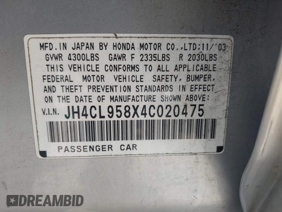 2004 Acura TSX with VIN JH4CL958X4C020475, listed as a IAAI auction lot 42182276 with 241,622 mi miles and . Bid and sale history available at DreamBid. Image 9.
