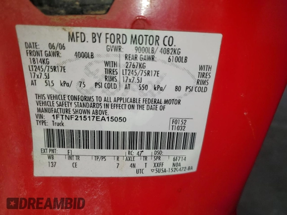 2007 Ford F-250 XL with VIN 1FTNF21517EA15050, listed as a Copart auction lot 47597385 with Not Provided miles and Salvage Title. Bid and sale history available at DreamBid. Image 12.
