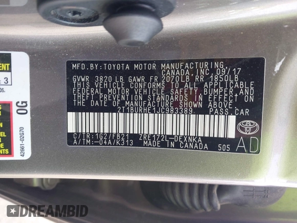 2018 Toyota Corolla L with VIN 2T1BURHE1JC983389, listed as a IAAI auction lot 42221142 with 79,113 mi miles and . Bid and sale history available at DreamBid. Image 9.
