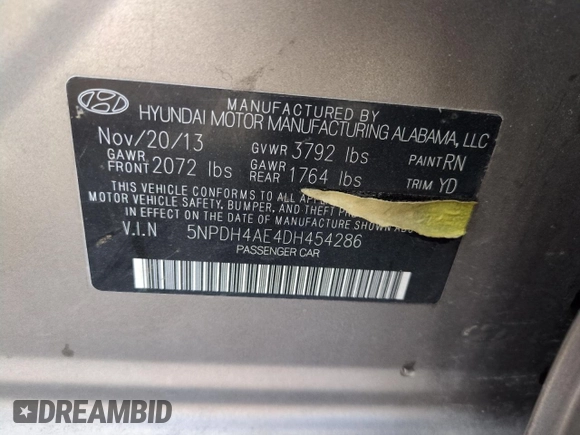 2013 Hyundai Elantra GLS with VIN 5NPDH4AE4DH454286, listed as a Copart auction lot 61671825 with 155,667 mi miles and Salvage title. Bid and sale history available at DreamBid. Image 13.