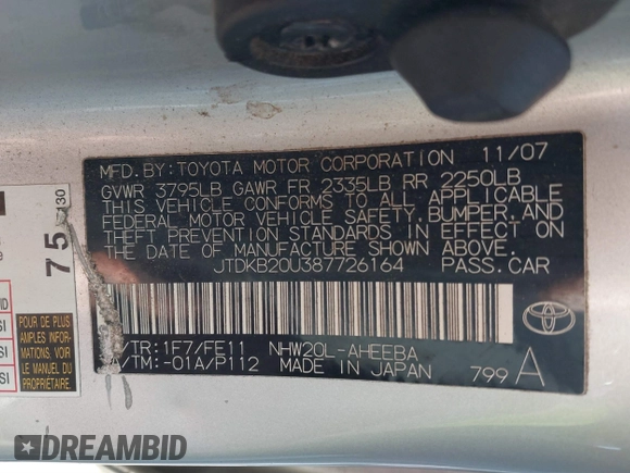 2008 Toyota Prius with VIN JTDKB20U387726164, listed as a IAAI auction lot 41838660 with 259,260 mi miles. Bid and sale history available at carsss.com. Image 9.