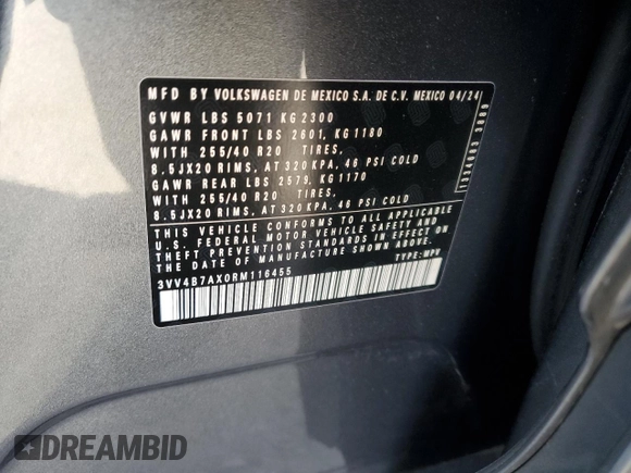 2024 Volkswagen Tiguan SEL R-Line с VIN 3VV4B7AX0RM116455, выставлен на аукционе Copart как лот 44221505 с пробегом 15 977 миль миль и Списание • Salvage title. История ставок и продаж доступна на DreamBid. Изображение 15.