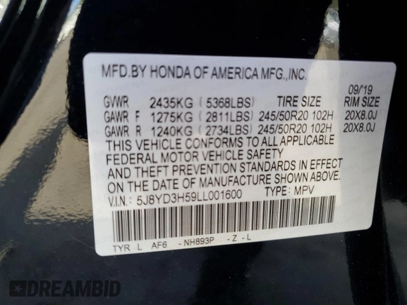 2020 Acura MDX w/Technology Pkg with VIN 5J8YD3H59LL001600, listed as a Copart auction lot 44429965 with 34,992 mi miles and Non Repairable. Bid and sale history available at carsss.com. Image 13.