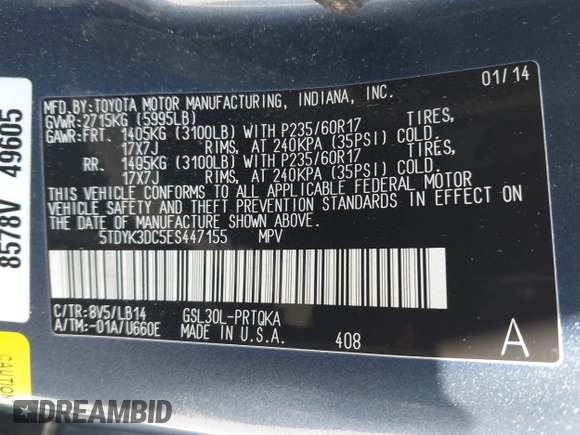 2014 Toyota Sienna XLE with VIN 5TDYK3DC5ES447155, listed as a IAAI auction lot 42003951 with 60,064 mi miles and . Bid and sale history available at DreamBid. Image 9.
