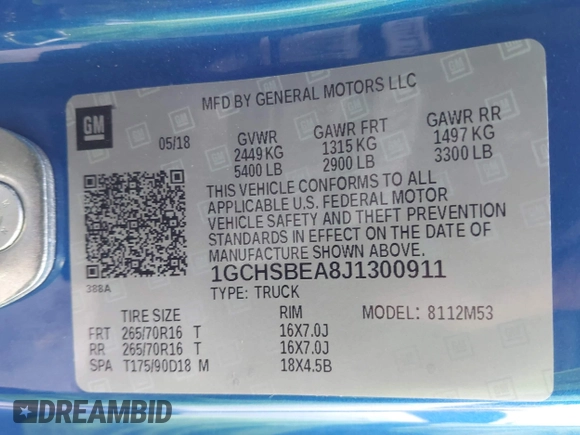 2018 Chevrolet Colorado 2WD Work Truck z VIN 1GCHSBEA8J1300911, wystawiony jako IAAI lot #42543557 z przebiegiem 73 896 mil mil oraz . Historia ofert i sprzedaży dostępna na DreamBid. Obrazek 9.