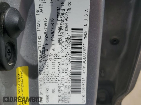 2015 Toyota Tacoma with VIN 5TFLU4EN5FX132006, listed as a Copart auction lot 59285655 with 205,932 mi miles and Salvage title. Bid and sale history available at DreamBid. Image 12.