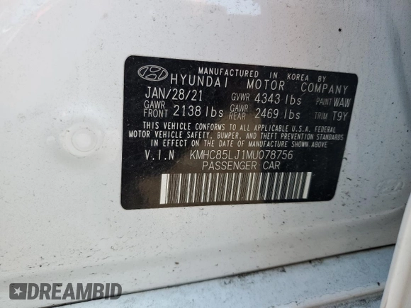 2021 Hyundai Ioniq Limited with VIN KMHC85LJ1MU078756, listed as a Copart auction lot 59659905 with 70,893 mi miles and Salvage title. Bid and sale history available at DreamBid. Image 12.