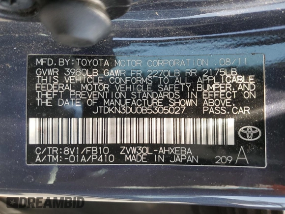 2011 Toyota Prius I with VIN JTDKN3DU0B5305027, listed as a Copart auction lot 52979295 with 104,748 mi miles and Salvage Title. Bid and sale history available at DreamBid. Image 12.