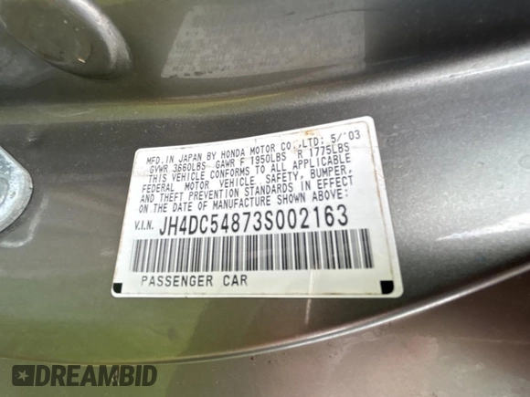 2003 Acura RSX z VIN JH4DC54873S002163, wystawiony jako Copart lot #59033805 z przebiegiem Nie podano mil oraz Szkody całkowita. Historia ofert i sprzedaży dostępna na DreamBid. Obrazek 10.