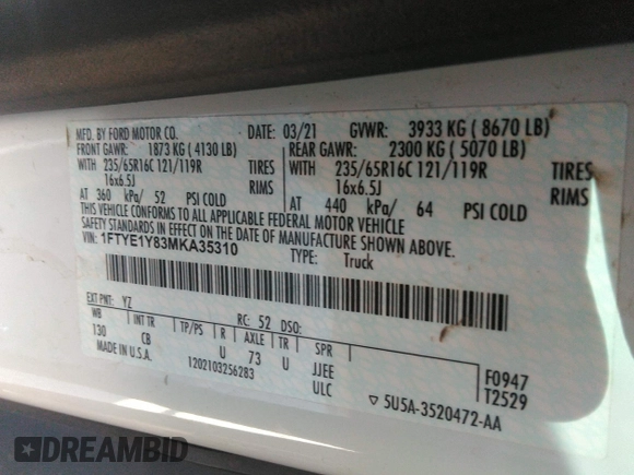 2021 Ford Transit Cargo with VIN 1FTYE1Y83MKA35310, listed as a IAAI auction lot 41776397 with 65,336 mi miles. Bid and sale history available at carsss.com. Image 9.