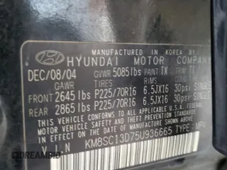 2005 Hyundai Santa Fe GLS z VIN KM8SC13D75U936665, wystawiony jako Copart lot #57342365 z przebiegiem 260 687 mil mil oraz Szkoda całkowita • Salvage title. Historia ofert i sprzedaży dostępna na DreamBid. Obrazek 12.