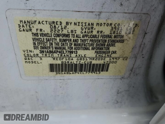 2012 Nissan Sentra S with VIN 3N1AB6AP4CL779913, listed as a Copart auction lot 59927105 with 120,450 mi miles and Salvage title. Bid and sale history available at DreamBid. Image 12.