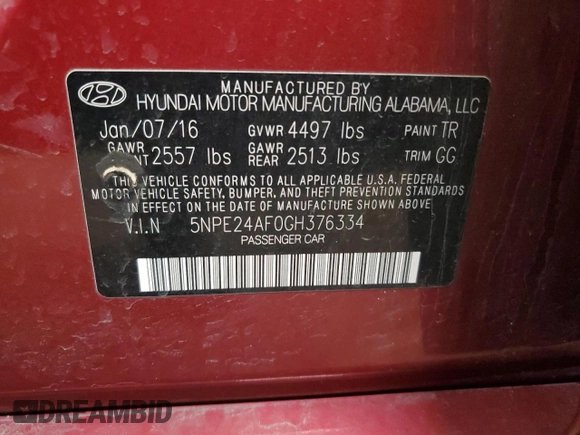2016 Hyundai Sonata SE with VIN 5NPE24AF0GH376334, listed as a Copart auction lot 54157565 with 106,290 mi miles and Salvage Title. Bid and sale history available at carsss.com. Image 12.