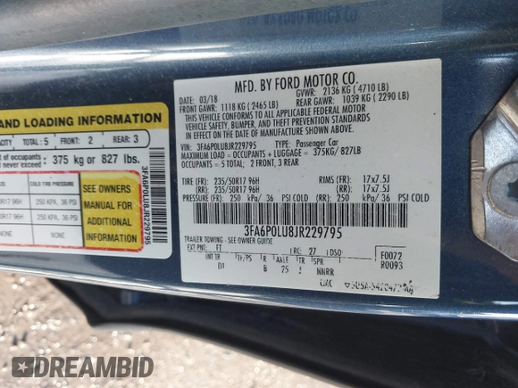 2018 Ford Fusion Hybrid SE with VIN 3FA6P0LU8JR229795, listed as a IAAI auction lot 41522818 with 115,420 mi miles. Bid and sale history available at carsss.com. Image 9.