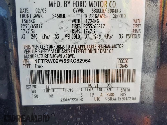 2006 Ford F-150 XLT with VIN 1FTRW02W56KC82964, listed as a Copart auction lot 60256395 with 154,526 mi miles and Salvage title. Bid and sale history available at DreamBid. Image 12.