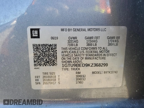 2019 GMC Sierra 1500 SLE z VIN 1GTU9BED9KZ368299, wystawiony jako Copart lot #88515495 z przebiegiem Nie podano mil oraz Szkoda całkowita • Salvage title. Historia ofert i sprzedaży dostępna na DreamBid. Obrazek 13.