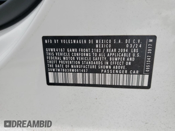2024 Volkswagen Jetta SE with VIN 3VW7M7BU3RM061457, listed as a Copart auction lot 48192635 with 949 mi miles and Non repairable. Bid and sale history available at DreamBid. Image 13.