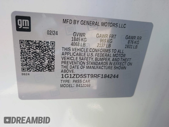 2024 Chevrolet Malibu LT with VIN 1G1ZD5ST9RF184244, listed as a IAAI auction lot 42006961 with 14,303 mi miles and . Bid and sale history available at DreamBid. Image 9.