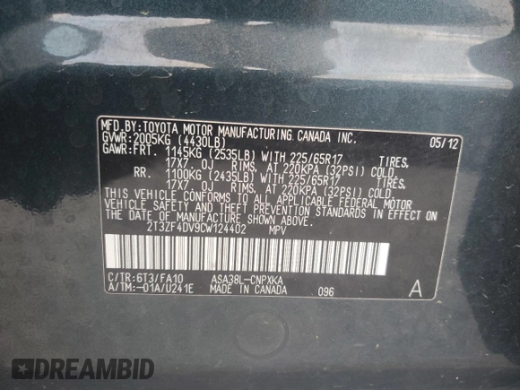 2012 Toyota RAV4 with VIN 2T3ZF4DV9CW124402, listed as a Copart auction lot 51405705 with 100,905 mi miles and Salvage Title. Bid and sale history available at carsss.com. Image 13.