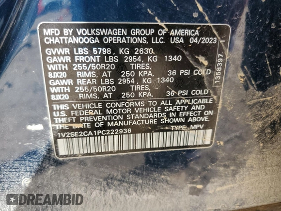 2023 Volkswagen Atlas SEL z VIN 1V2SE2CA1PC222936, wystawiony jako Copart lot #48410245 z przebiegiem 31 223 mil mil oraz Szkoda całkowita • Salvage title. Historia ofert i sprzedaży dostępna na DreamBid. Obrazek 14.